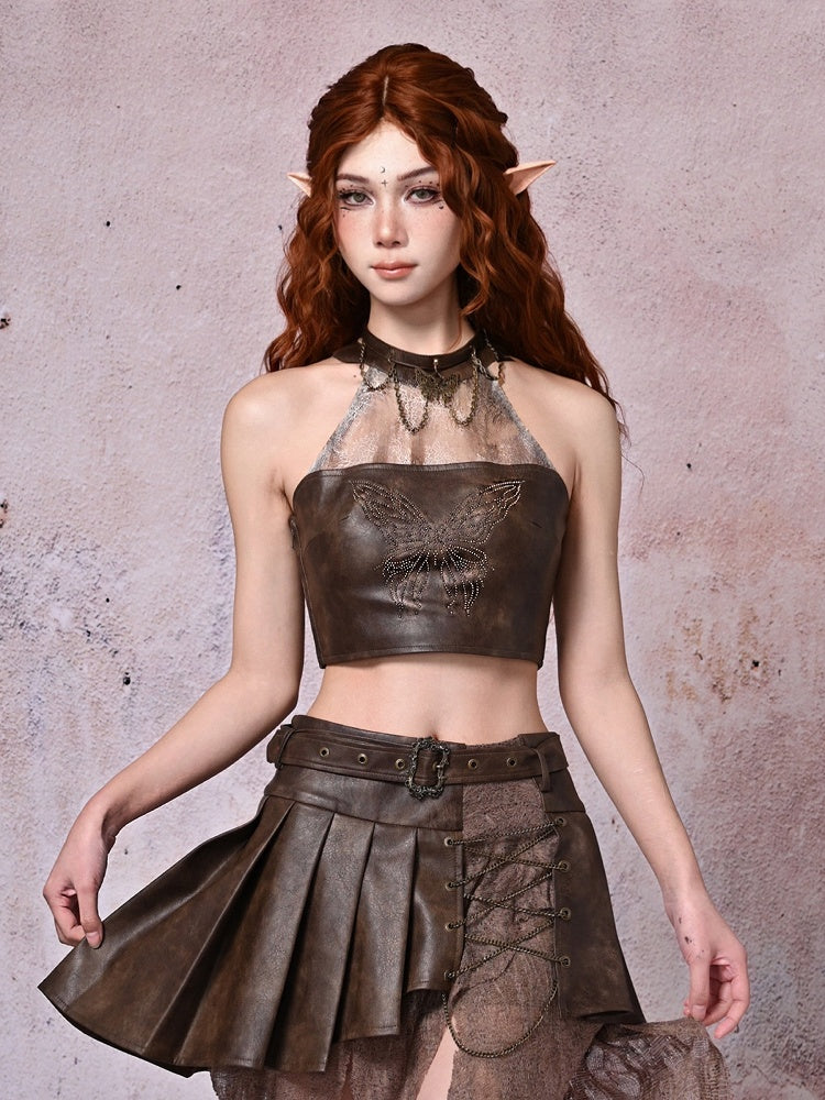 Choker PU Light Decorated Butterfly Chains Wasteland Punk Brown