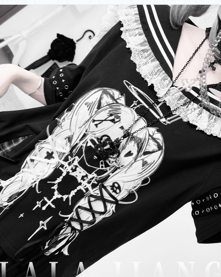 Black Sailor Collar Lace-up Details Anime Girl Print Bittersweet T-shirt