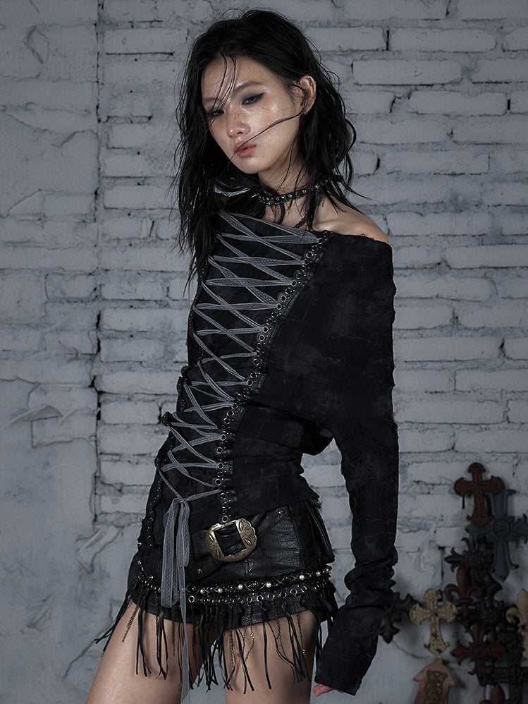Lace-up Wasteland Black Top Off-the-shoulder Punk Design Neckline