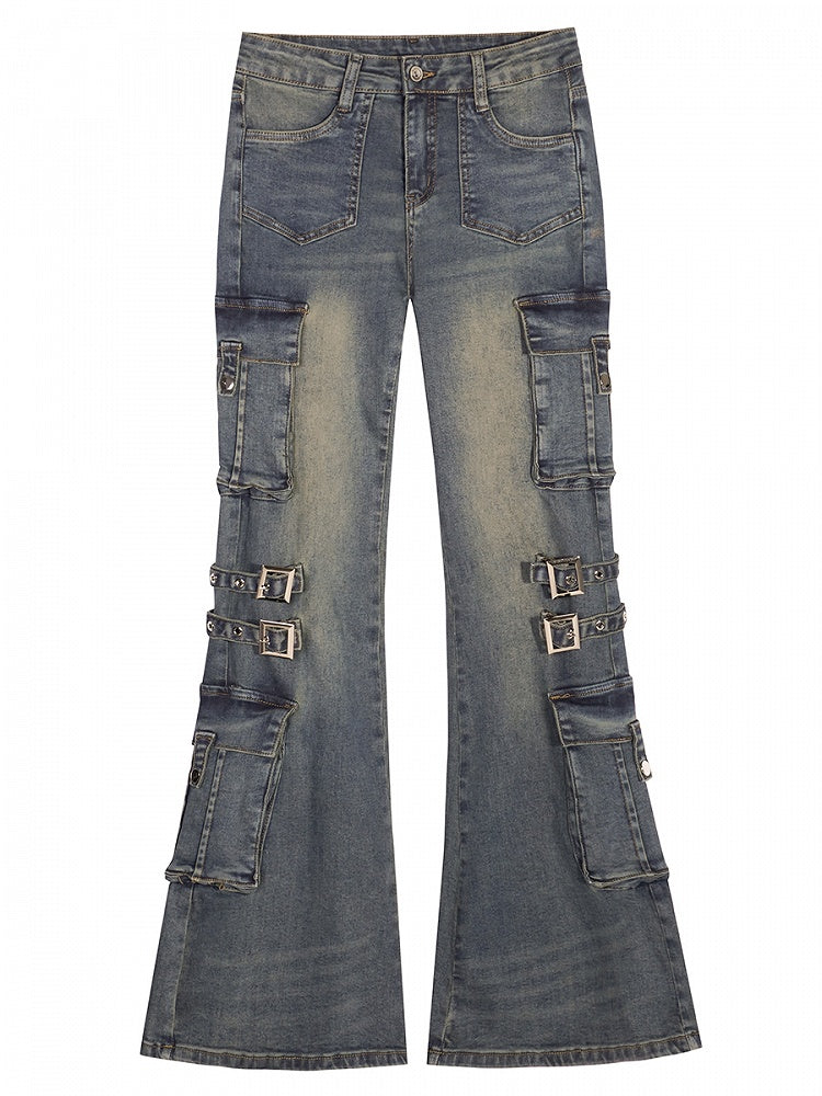 Blue Flared Jeans Slim-fit Denim Vintage Wash