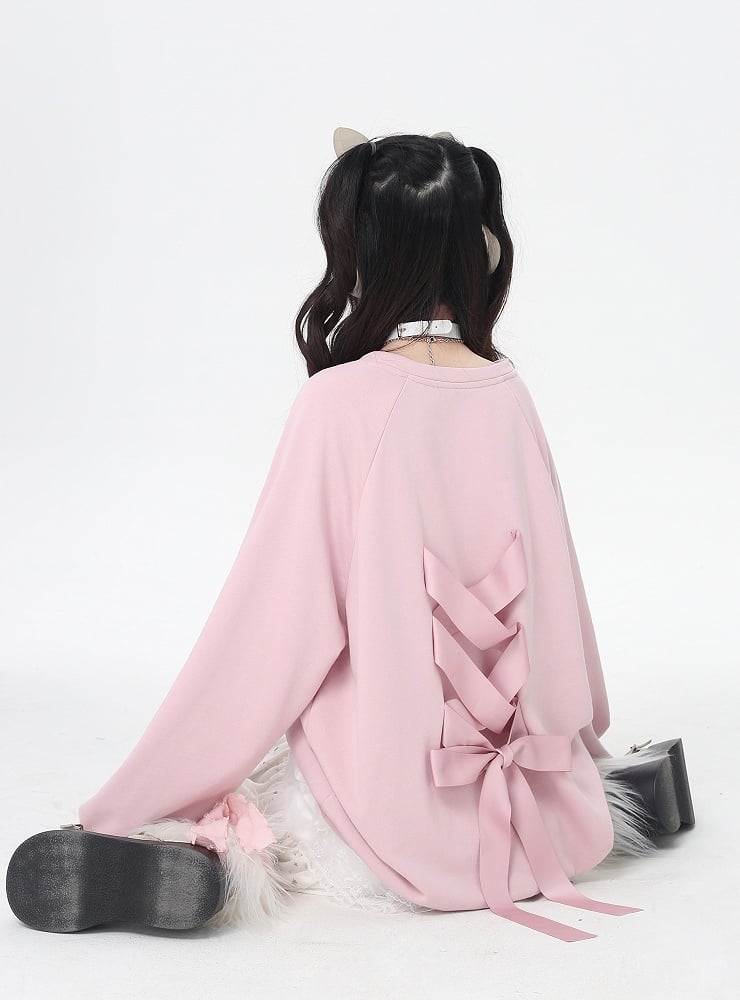 Rundhals-Sweatshirt mit Grafik und Schleife zum Selbstbinden auf der Rückseite, Rosa/Schwarz