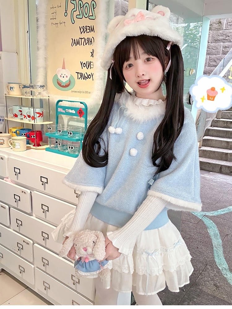 Blue Plush Trim Bows and Pompons Sweater with White Ruffled Cuff Top Set