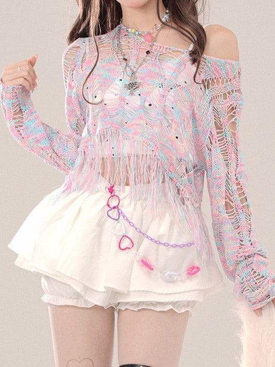 Colerful Hollow-Out Knit Top with Distress Trim One-Shoulder