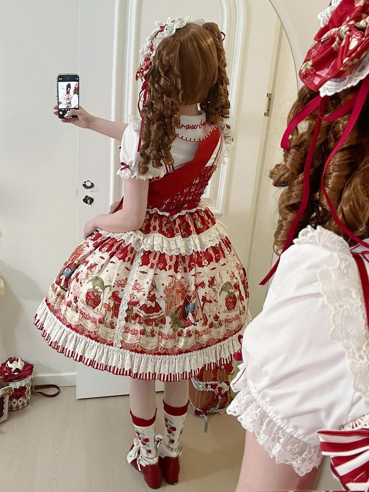 Red and Strawberry Print Dress Skirt Sweet Lolita Jumper Bunny
