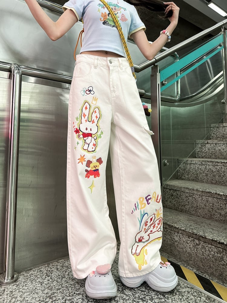 Waist Wide-leg Jeans Cartoon Bunny Print White Low