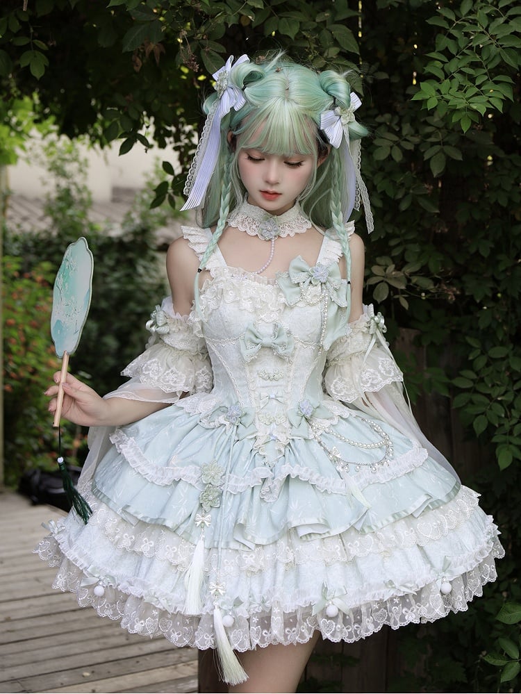 Green Bow Accents Chains and Flower Bead Qi Waist Lolita Corset Dress