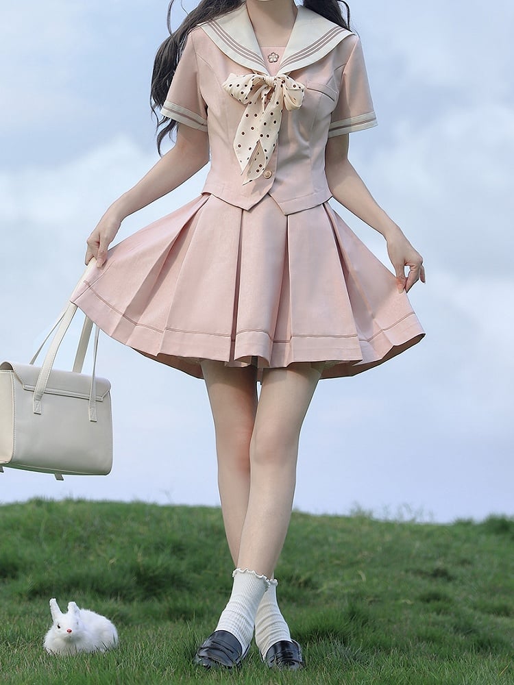 Sleeves Sweet Beige Embroidery Short Collar Sakura Top with Pink Sailor