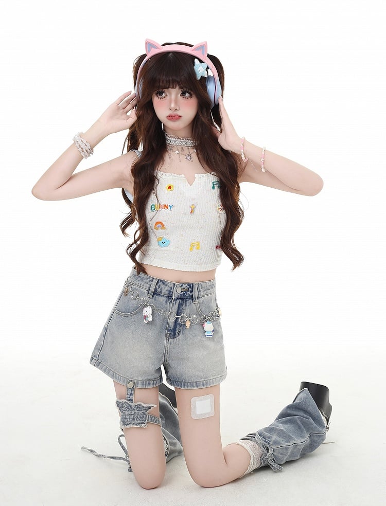 Y2K Butterfly Flared Leg Warmers Light and Garter Blue Denim Shorts with Detachable