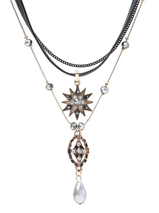Gothic Rhinestone Multi-Layered Necklace Black