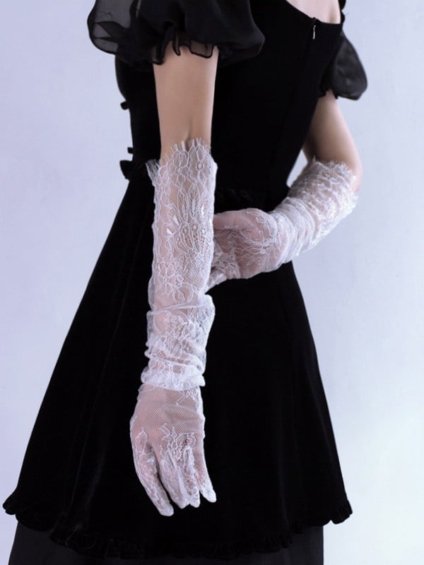 Design Hollow-out Gloves Black/White Lace