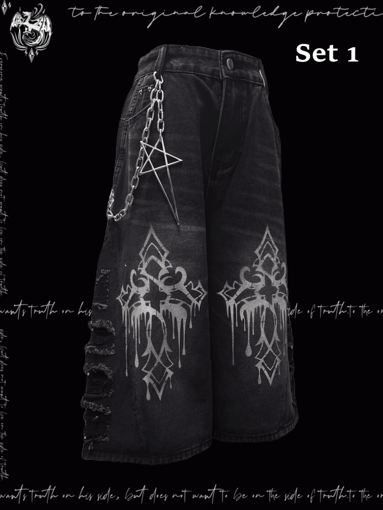 Wide-Leg Jeans Hem Raw Dark Gray Cross Print Distressed Holes