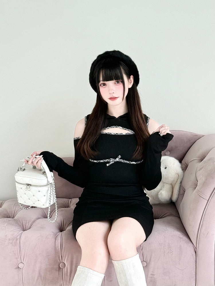 with Jirai Kawaii Kei Dress Chest and Shoulder Black Daily Hoodie Above-Knee Cutouts