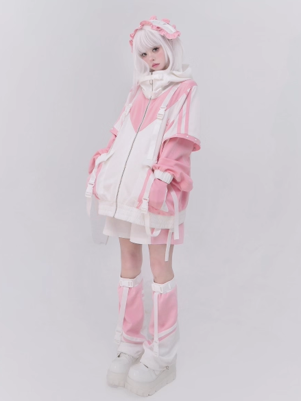 and with Oversized White Closure Techwear Details Colorblock Pink Fit Jacket Snap