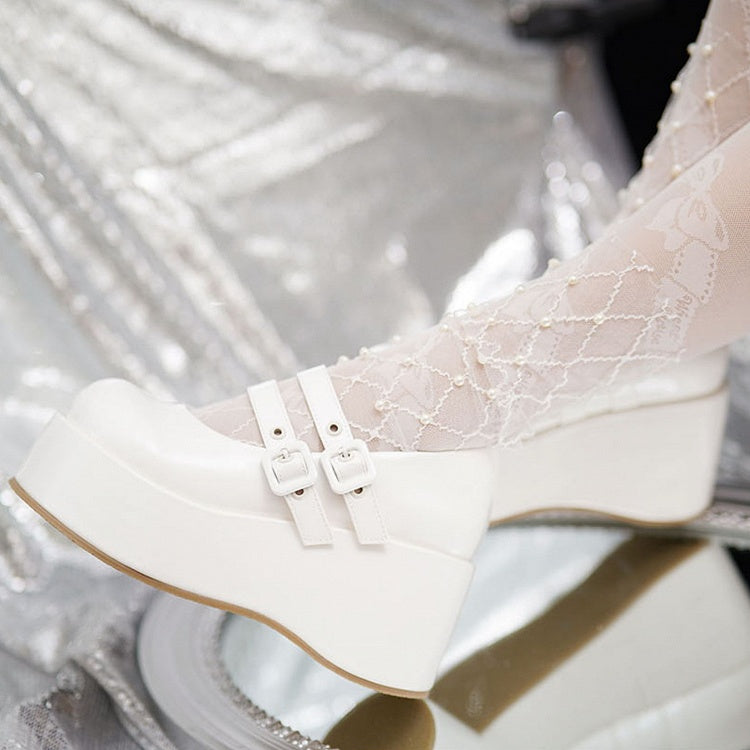 Sweet Straps White Platforms Buckle PU Lolita Dual with