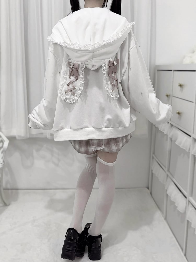 Jirai Kei – Kapuzenpullover mit weißem Hasenohren-Spitzenbesatz und Perlendetails