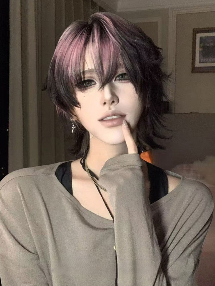Black Color Length Highlight 35CM Short and Ouji Pink Wig Hair
