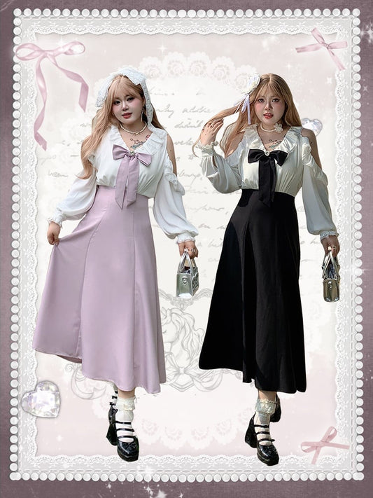 / Bowknot Detachable Shoulder Plus Size Black Waist Dress Cutout with High Pink and