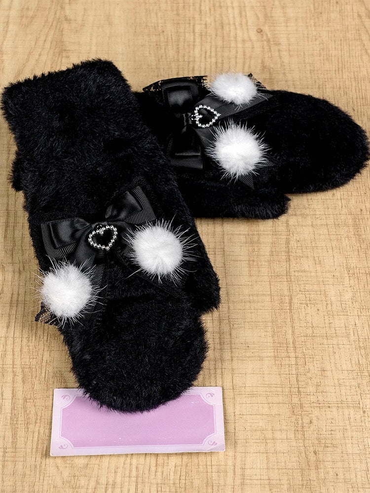 Gants en tricot Jirai Kei blanc lait/blanc et rose/noir avec nœuds