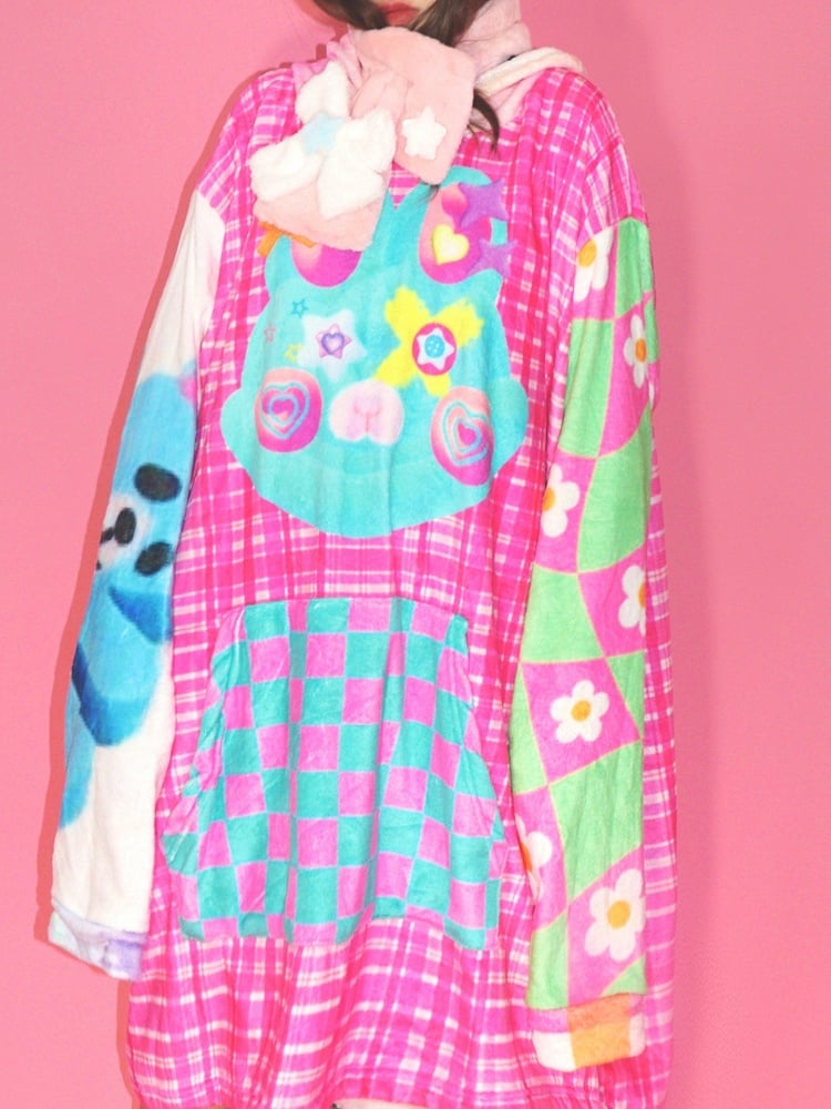 Colorful Oversized Floral And Pattern Hooded Cartoon Print Y2K Dress Plaid