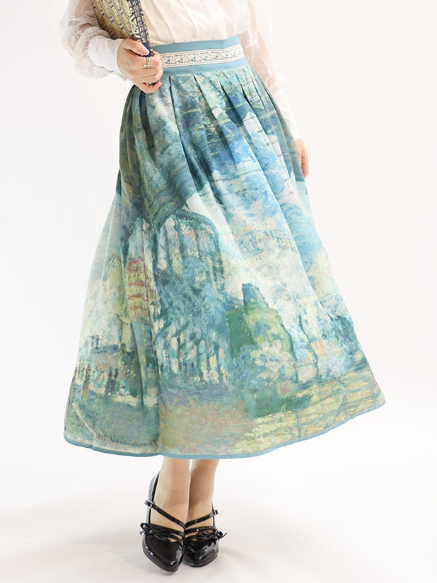 Saint-Lazare Oil Painting Print Green Waist Skirt Version Gare Long/Short High