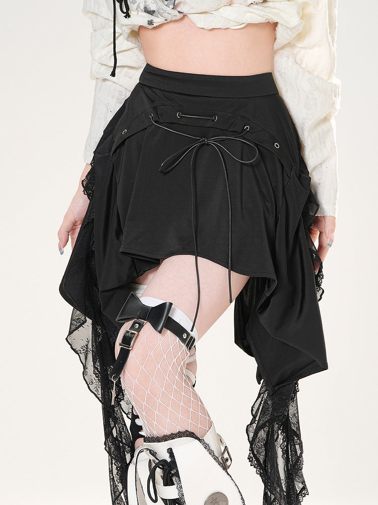 Detail Cascading Lace Ruffles Skirt Black Lace-up