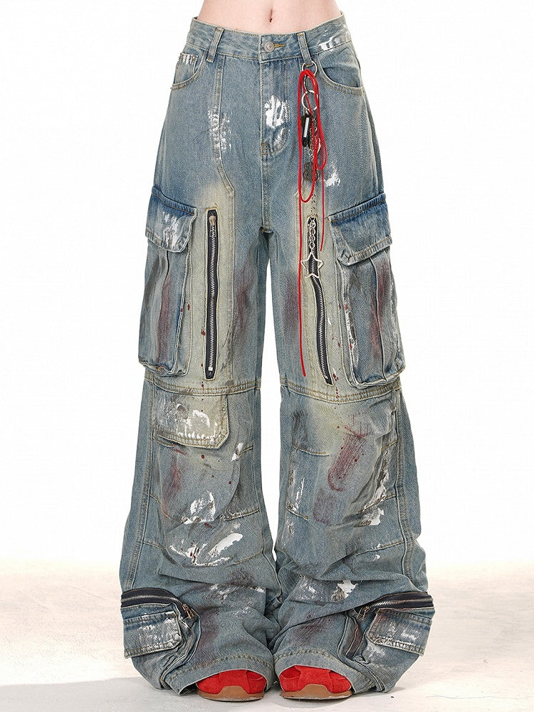 Blue with Wide-leg Cut Design Zipper Cargo Jeans Spray Paint Print