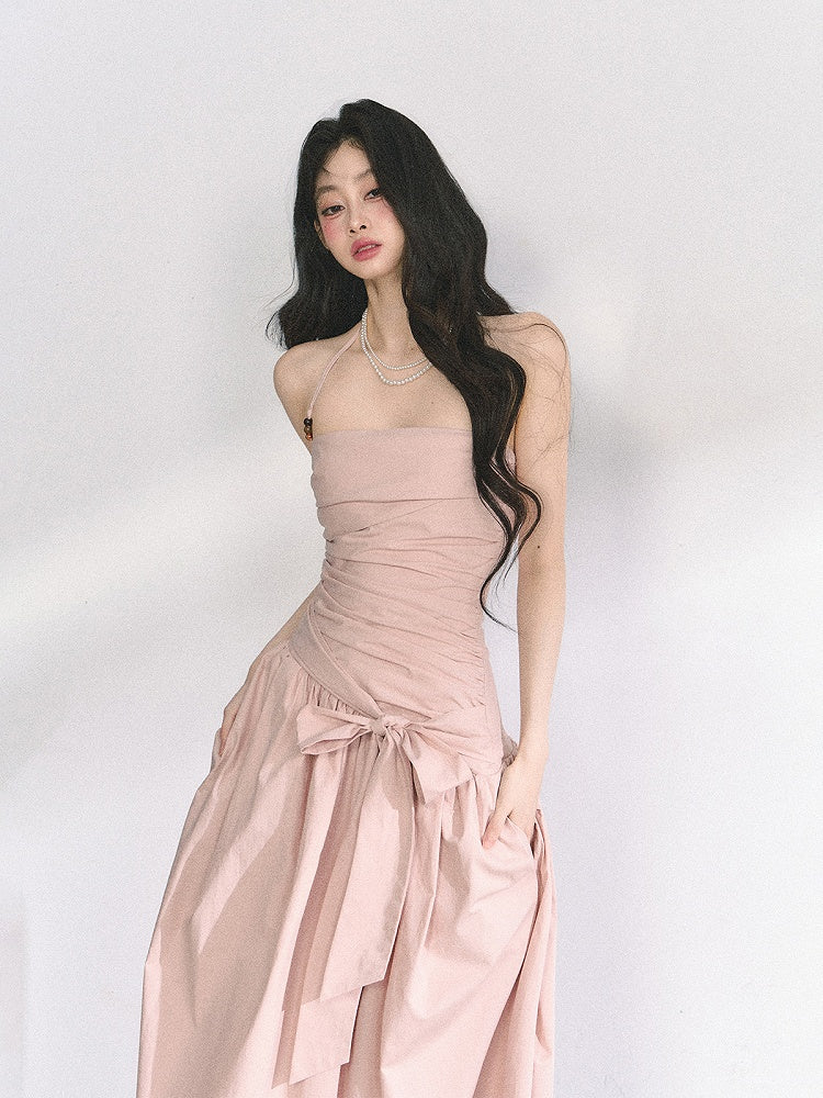 Pink/Gray Ruched Design Self-tie Bow Halter Neck Dress
