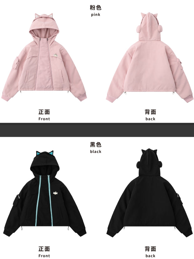 Schwarz/Rosa Reißverschlüsse Katzenohren Kapuze Dicker Reißverschluss Hoodie