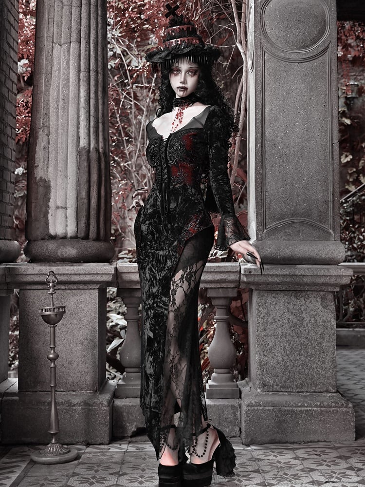 Wings Romantic Velvet and Shaped Lace Neckline Bat Vampire Dress Goth Mermaid