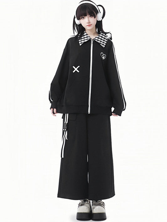 Black Elastic Waist Wide-leg Cut Pants