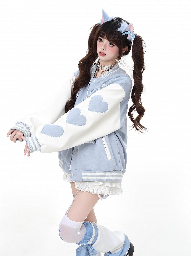 Veste de baseball Yume Kawaii rose/bleu avec appliques clés