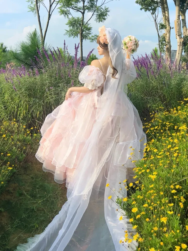 Head Floral Design Pink Long White Veil