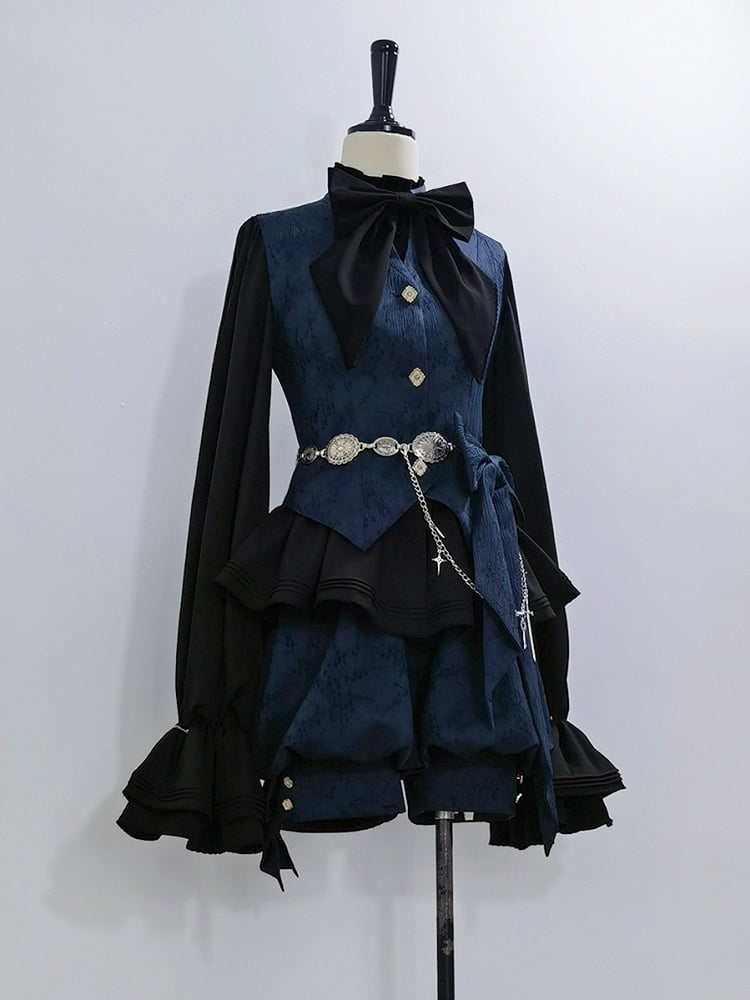 Blue Fashion Ouji Collar Jacquard Waistcoat Prince Style Banded