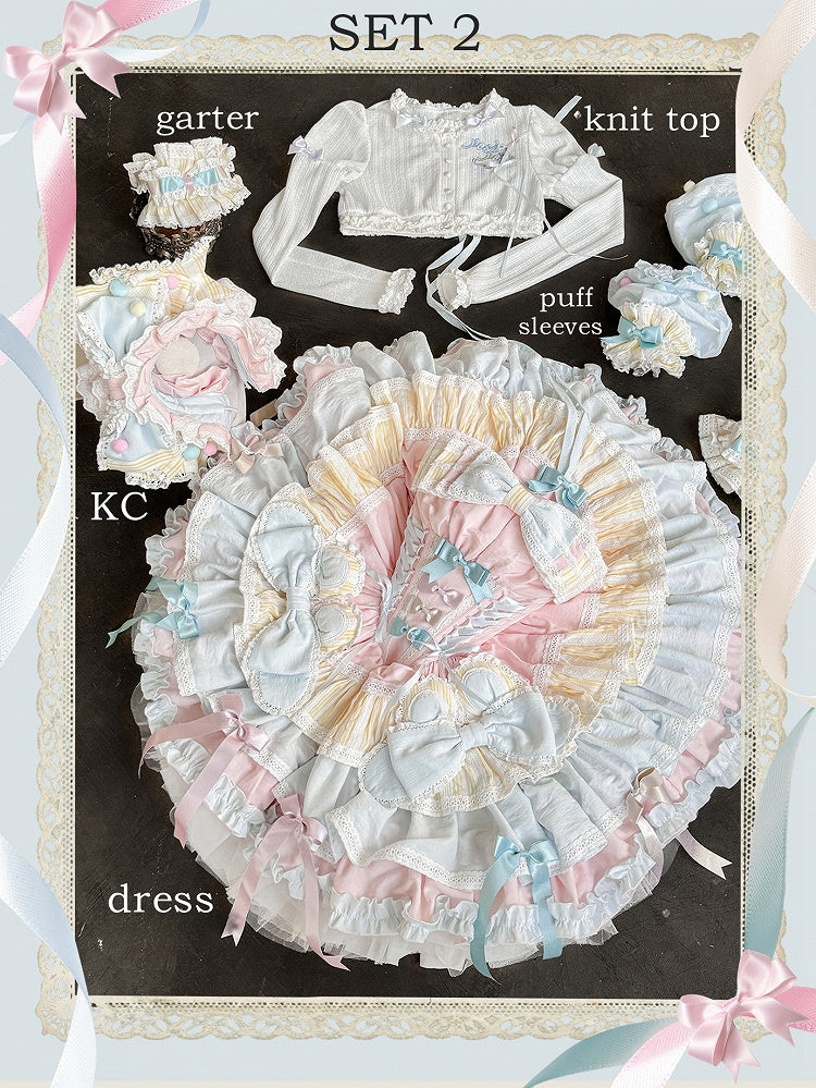 ピンクとブルーのスイートプリンセスパフィーティアードフリルスカートボーンドレス