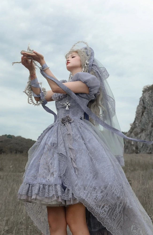 Gray Dragon Bone Embroidery High-low Skirt Dress Gothic Lolita OP with Cathedral Embroidery Overlay