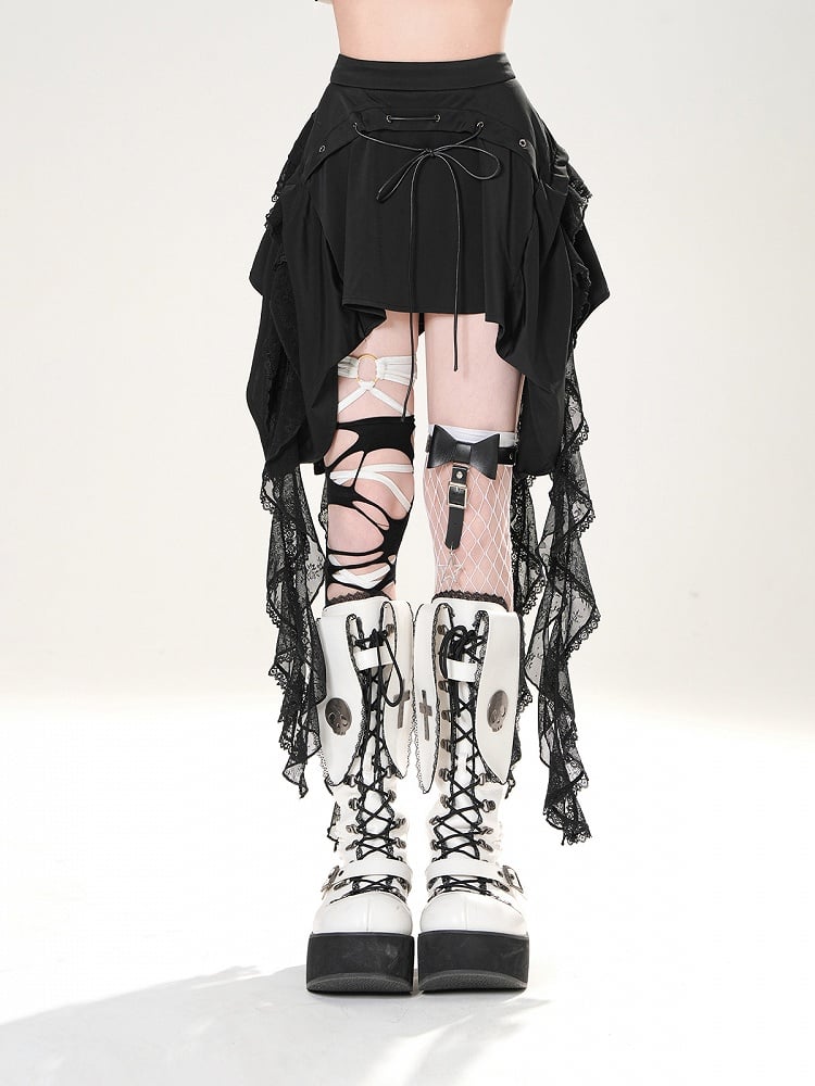 Detail Cascading Lace Ruffles Skirt Black Lace-up
