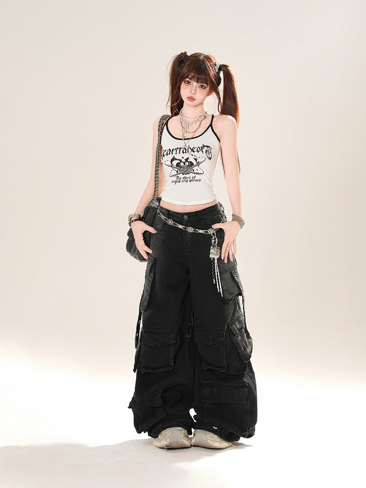 Low Blue/Black Waist Cargo Pockets Wide-Leg Jeans