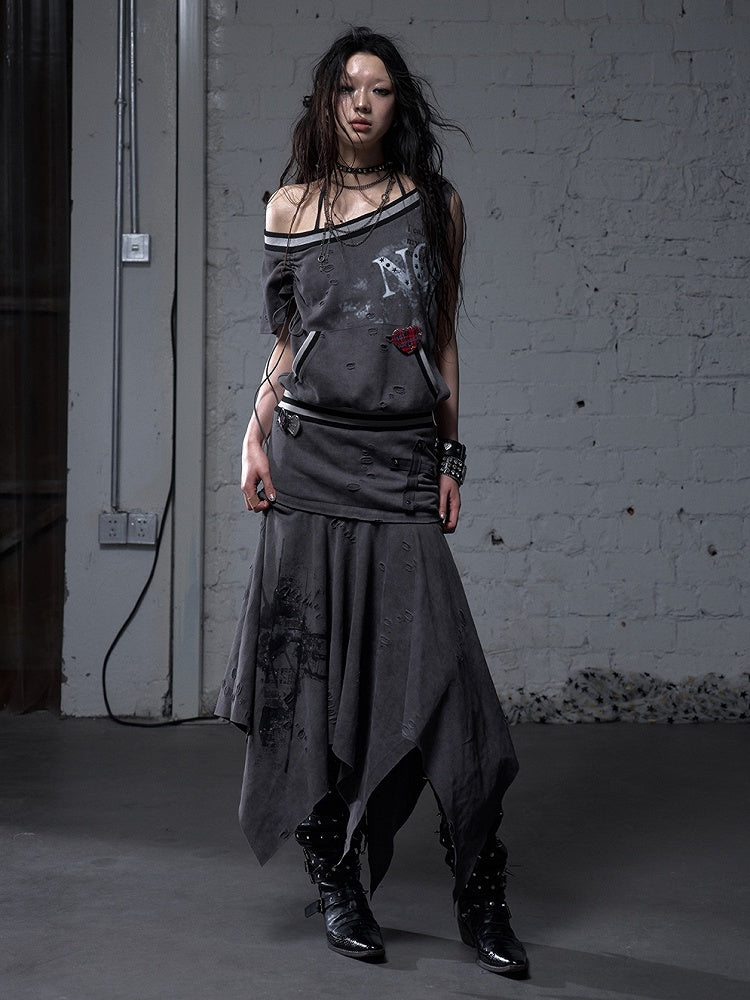 Asymmetrical Neckline Gray/White Wasteland Punk Distressed Dress