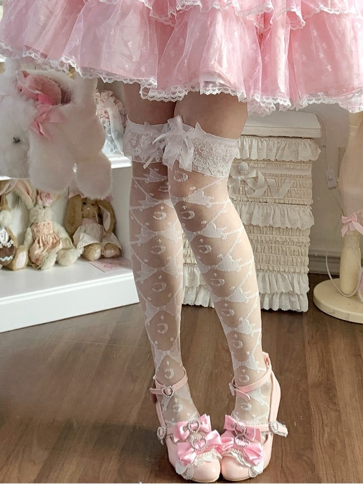 Sweet Pattern White Bowknots Cuffs Stockings Lolita Underknee/Overknee and Moon Lace