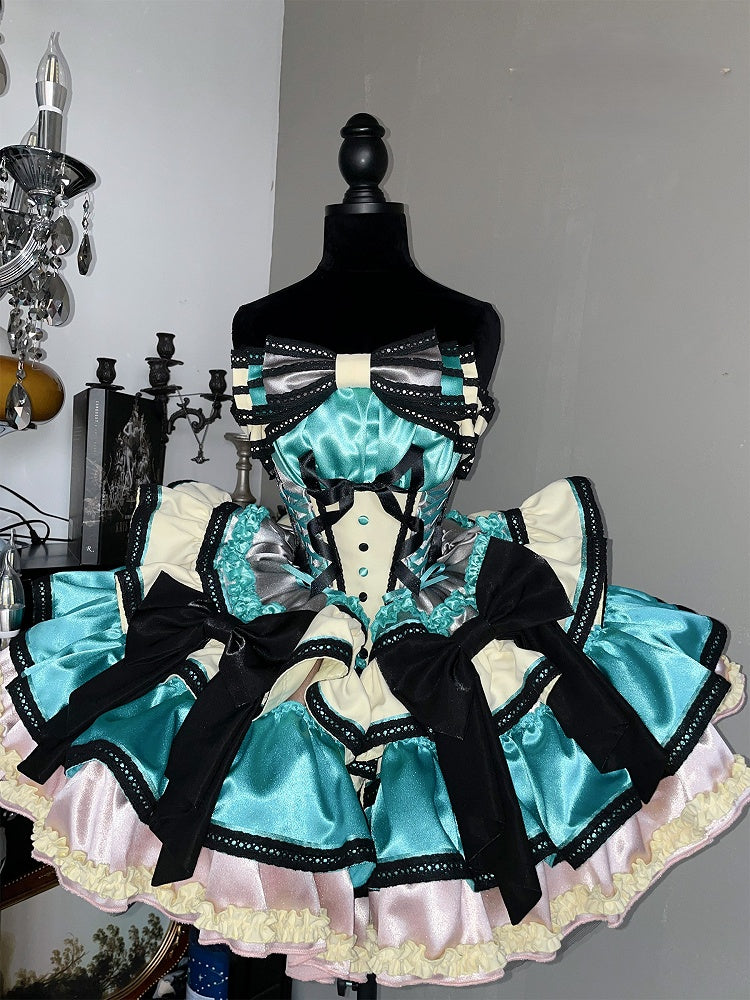Pink Boned Basque Waist Puffy Dress with Bowknots and Big Padded Heart