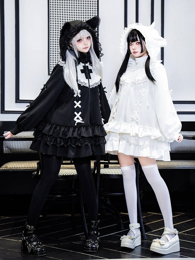 Layered Neck Jirai Cross High Black Jersey Embroidery Hem Kei-inspired Dress Ruffle