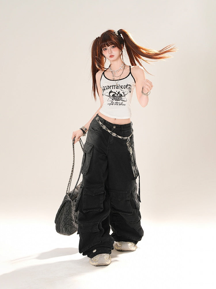 Low Blue/Black Waist Cargo Pockets Wide-Leg Jeans