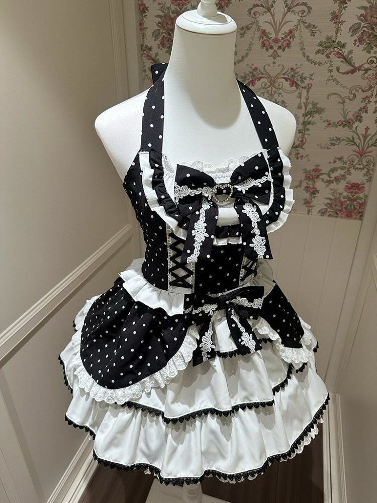 Black and White Polka Dot Elegant Halter Neck Dress / Black Peter Pan Collar Semi-Sheer Tulle Blouse