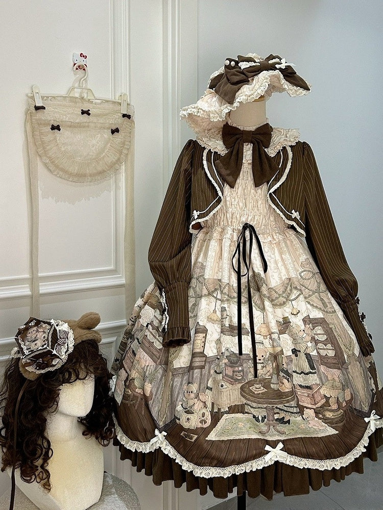 Fake Pieces Design Coffee Creamy Lolita House Print Dress Sleeves Long Teddy Two