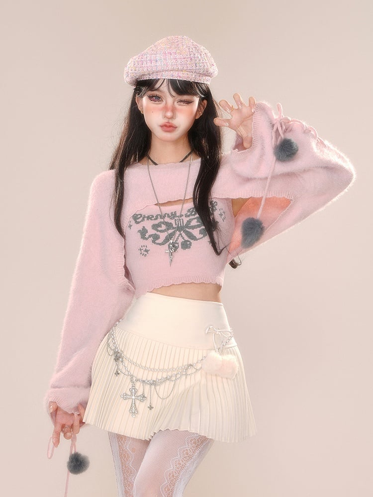 ピンクアプリコットの蝶結びクロップドトップス(シュラッグ付き)