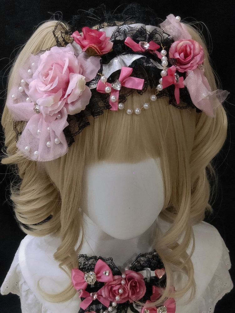 Trim Hairband Heart Decorated Design BlackPink Beaded Floral Bowknot Charm Rhinestone Lace