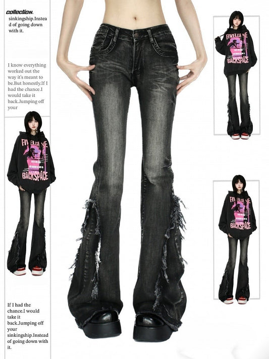 Cuffs- Slim Fit Raw Vintage Blue/Black Low Waist Flared and Jeans with Frayed
