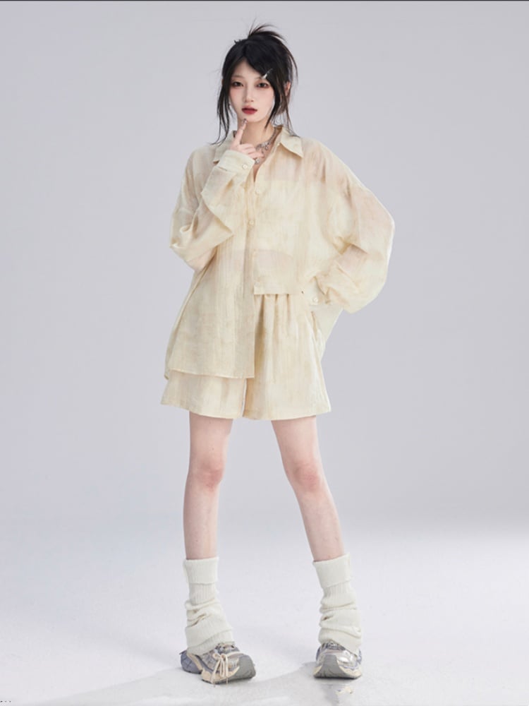 Apricot Semi-Sheer Sun Protection Shirt/Loose Shorts
