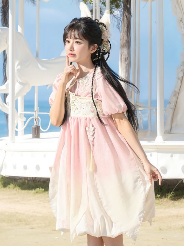 Ombre Style Spaghetti Strap Dress Empire Pink Waist Strawberry Embroidery Cheongsam