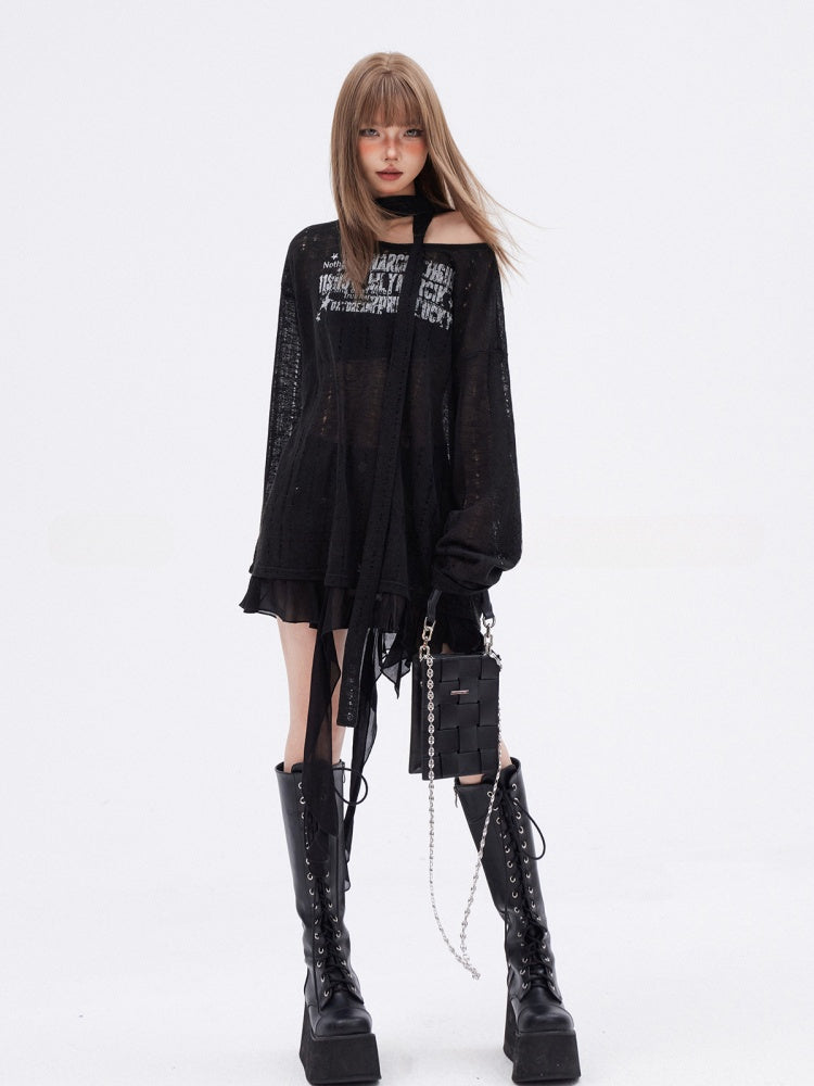 Scarf Free Printed Knitted Top with Black Asymmetrical Hem Hollow-out